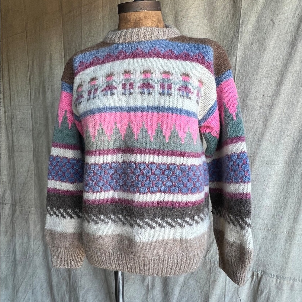 Vintage 70s Wool Sweater Multicolor Striped Design With People Front & Back